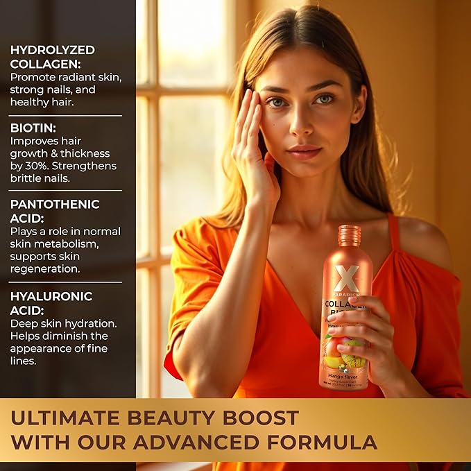 Liquid Collagen Peptides with Biotin &amp Hyaluronic Acid - Biotin 10000mcg Hydrolyzed Collagen Type 1 and 3 Vitamins B5 B6 C &amp E - Liquid Collagen for Women and Men Hair Skin and Nails Supp