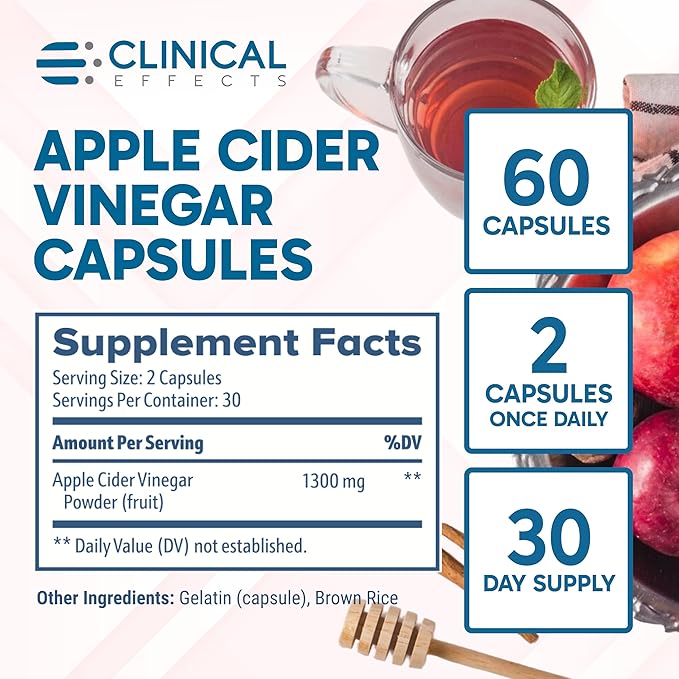 Clinical Effects Apple Cider Vinegar Capsules - 1300mg Pure Apple Cider Vinegar for Weight Management Heart Health and Energy Support - 60 Veggie ACV Pills - Made in The USA