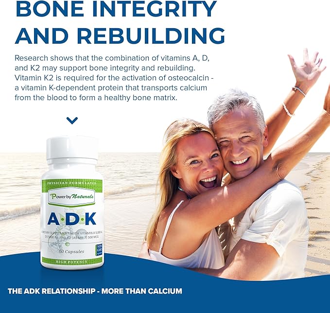 Power By Naturals ADK Vitamin Supplement – High Potency Blend of Vitamin A D3 5000 IU &amp K2 MK7 for Bone Health – Vitamin A D K Supplement – 60 Capsules (2 Month Supply)
