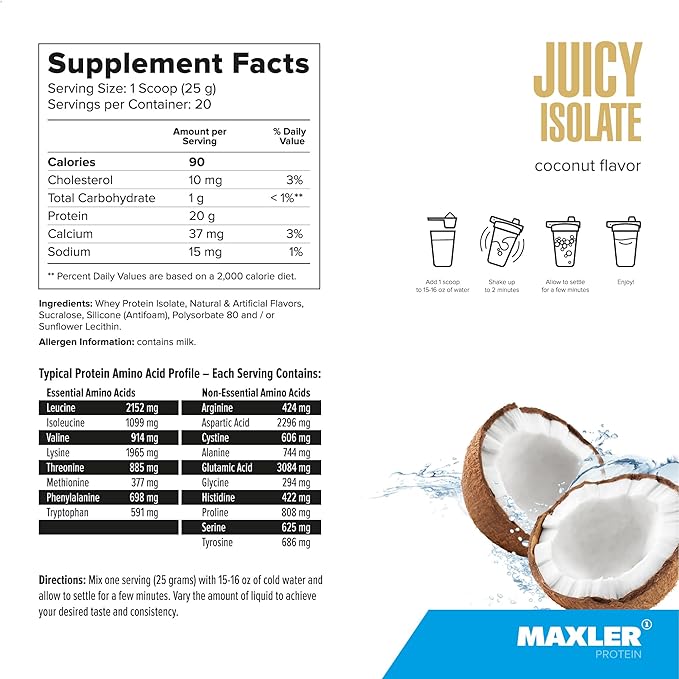 Maxler Juicy Isolate Protein Powder - Clear Whey Isolate - Low Lactose Fat Free Sugar Free Muscle Recovery Drink for Pre &amp Post Workout - Coconut 1.1 lb (20 Servings)