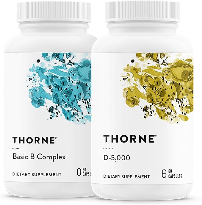 THORNE - Basic B Complex (60 Capsules) &amp Vitamin D-5000 (60 Capsules) Bundle - Supports Cellular Energy Production Brain Health &amp Healthy Bones - Gluten Dairy &amp Soy-Free