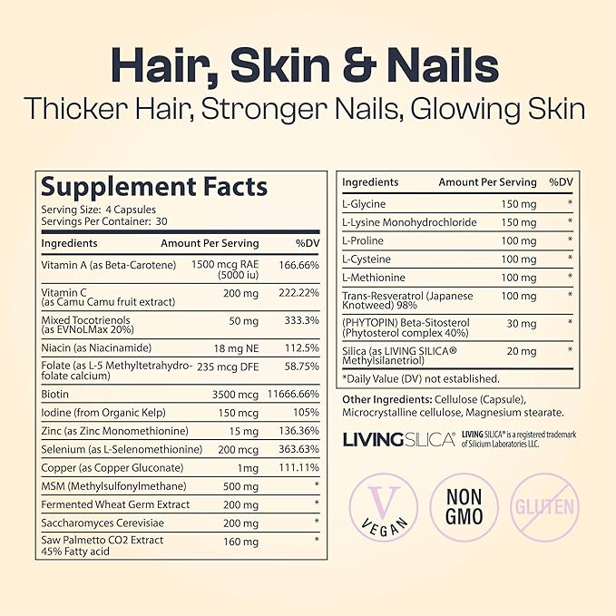 My Vida Origins Hair Skin and Nails | Thicker Hair Stronger Nails Vibrant Skin | Supports Natural Beauty | Zinc Biotin Vitamin E | Vegan 120 Capsules 1 Month Supply