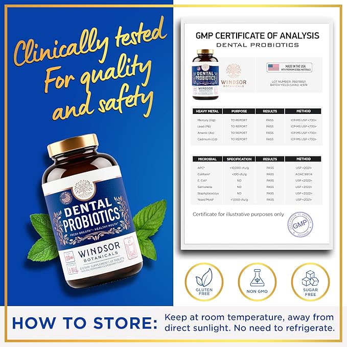 6-PACK Oral Probiotics for Teeth and Gums - 3BN CFU Lactobacillus Salivarius Acidophilus Rhamnosus - Bad Breath Treatment for Adults - 270 Chewable Mint Dental Probiotic Tablets for Women &amp Men