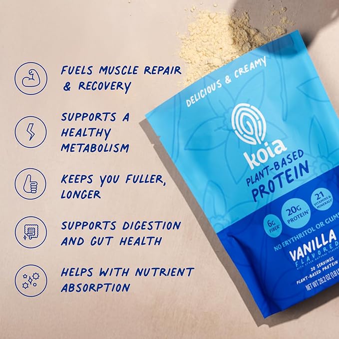 Koia Plant Based Protein Powder Vanilla 20g Protein 3g Sugar 6g Prebiotic Fiber Pre &amp Post Workout 21 Vitamins &amp Minerals No Seed Oils Dairy-Free Gluten-Free Non-GMO 20 Servings 28
