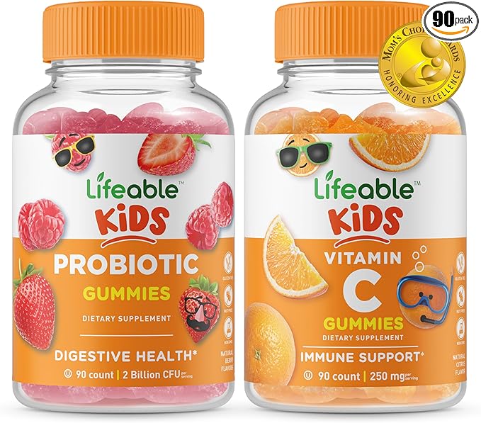 Lifeable Probiotic 2 Billion CFU Kids + Vitamin C Kids Gummies Bundle - Great Tasting Vitamin Supplement Gluten Free GMO Free Chewable Gummy
