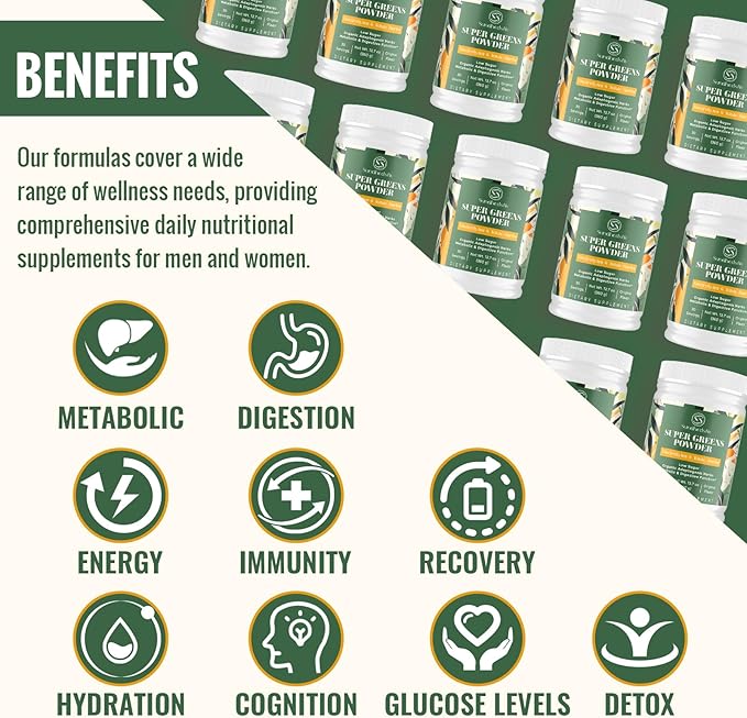 Super Greens Powder Superfood + Electrolytes &amp Tonic Herbs | Organic Greens Shilajit Adaptogens Antioxidants Preobiotic &amp Probiotic &amp Postbiotic| for Energy Gut &amp Immune| Unflavor