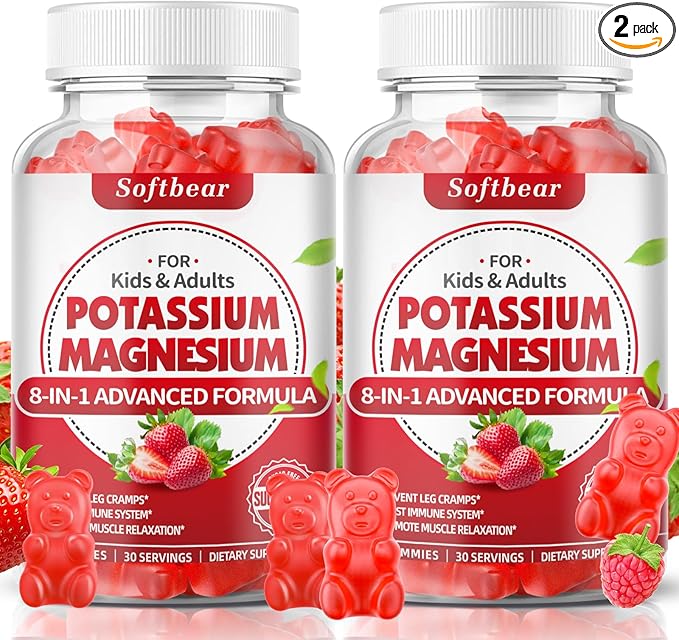 softbear Potassium Gummies for Adults High Absorption Magnesium Potassium Supplement with Vitamin B6 for Leg Cramps &amp Muscle Health Sugar-Free Vegan Strawberry 120 Gummies