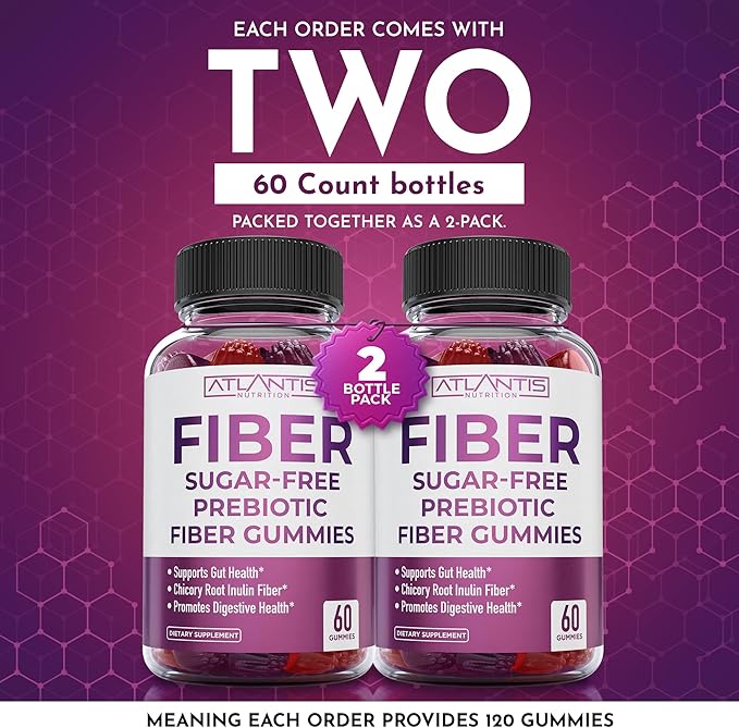 Atlantis Nutrition Sugar Free Fiber Gummies for Adults - 5G Fiber Supplement Formulated with 5.4G Prebiotic Digestive Blend - Supports Gut Health &amp Promotes Healthy Digestion - 2-Pack 120 Gummies