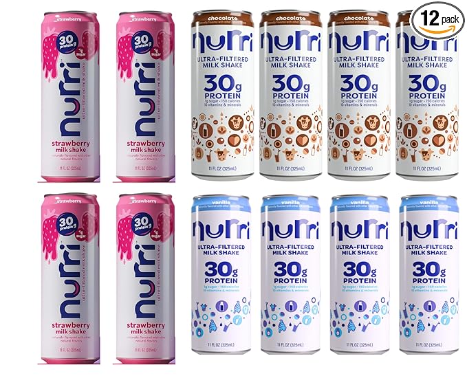 Nurri Ultra Filtered Protein Milk Shake Variety Pack 30g Protein Low Sugar Lactose Free – 12 Ready-to-Drink 11 fl oz Cans (4 Vanilla 4 Chocolate 4 Strawberry)