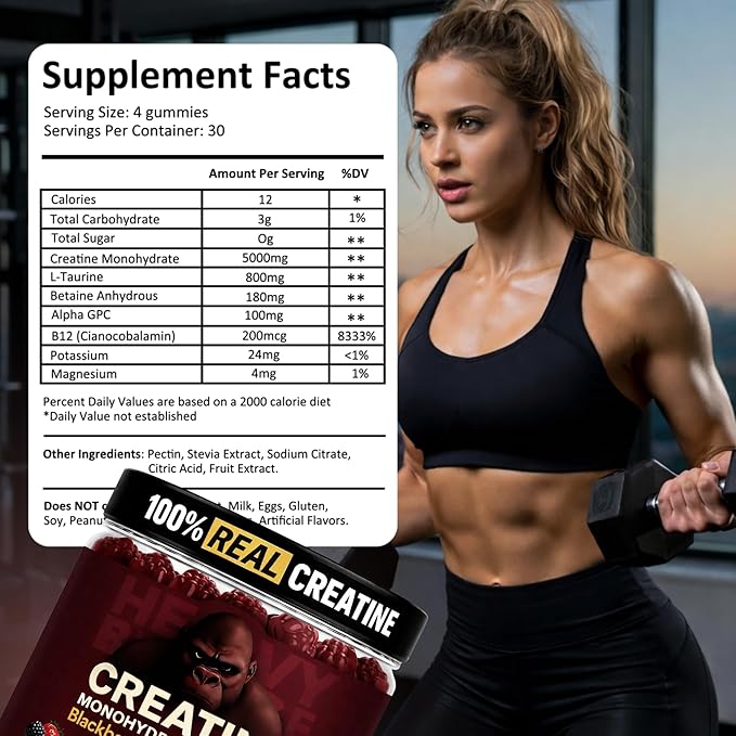 Creatine Monohydrate Gummies 5g Sugar Free Creatine with Vitamin B12 and L-Taurine | Muscle Growth for Men and Women | Low Calorie Formula 120 Gummies for 30 Servings Mixed Berry