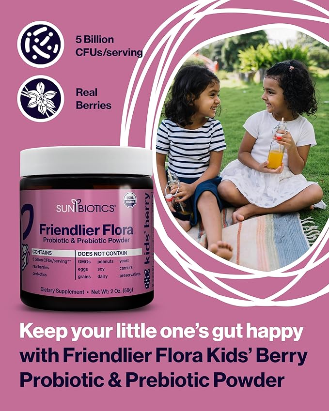 SUNBIOTICS Friendlier Flora - Kids Prebiotic and Probiotic Powder Supplement with 5 Billion CFUs of 5 Probiotic Strains for Good Gut Flora Immune System &amp Balanced Microbiome - Berry 2 Ounce