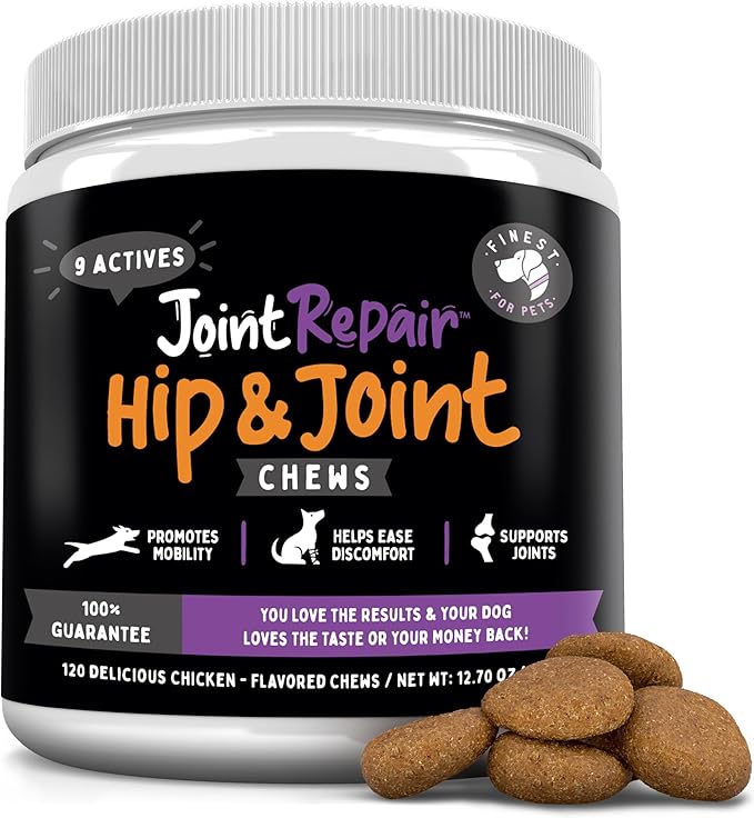 Joint Repair Dog Hip and Joint Supplement with Glucosamine Chondroitin Omega 3 MSM &amp Turmeric. Supports Hip &amp Joint Health Mobility &amp Cartilage Development. 120 Chicken Flavor Chews M