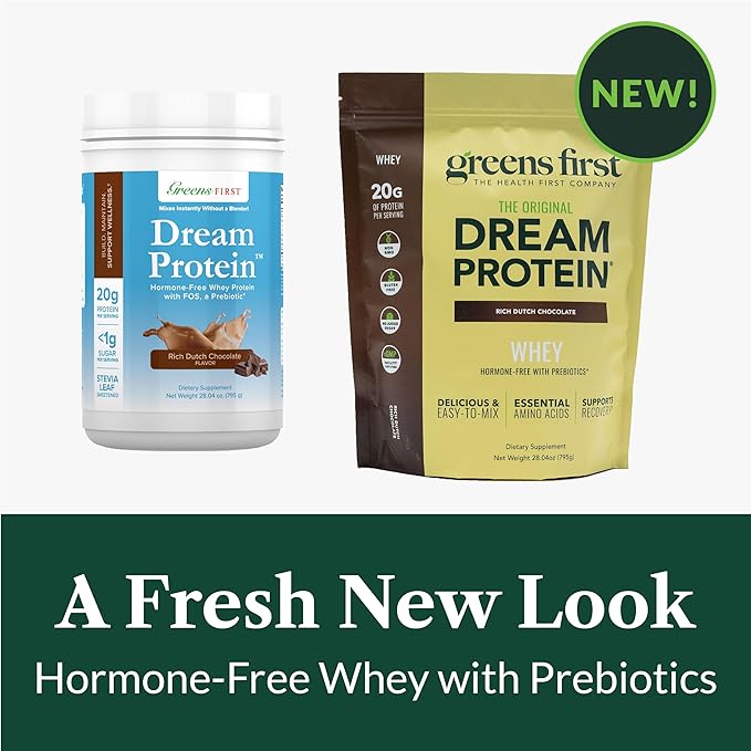 Greens First Dream Protein Powder Whey - 20g Protein Per Serving - Hormone-Free with Prebiotics - Non-GMO - No Artificial Sweeteners/MSG/Aspartame (Rich Dutch Chocolate 28.04 oz)