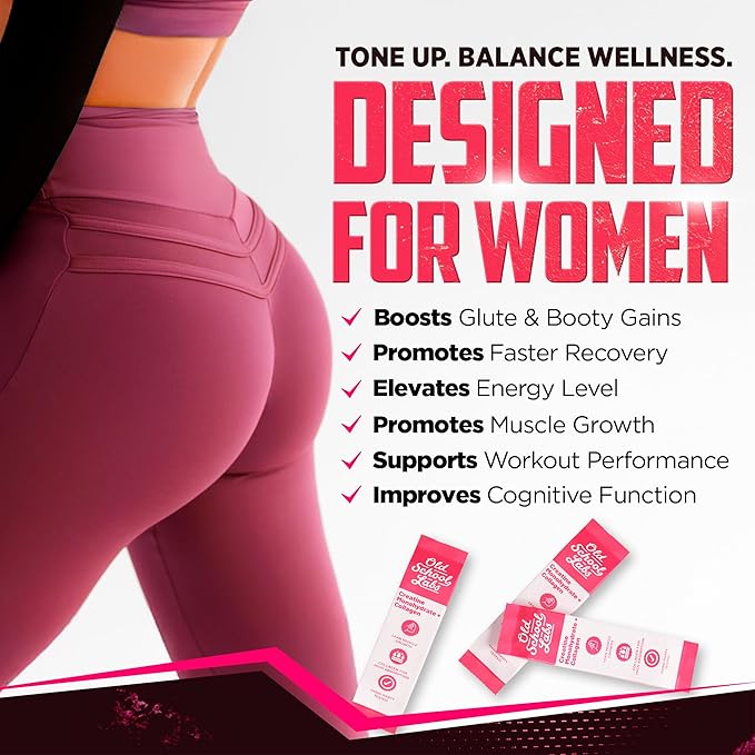 Old School Labs Creatine Stick Packs for Women | 5000mg Creatine Monohydrate 2000mg Collagen &amp BCAA 2:1:1 for Lean Muscle Booty Growth &amp Recovery | No Bloat Workout Supplement 30 Travel Pac