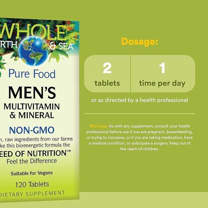 Natural Factors Whole Earth &amp Sea Men's Multivitamin &amp Mineral - Daily Health Supplement for Men Under 50 - Vegan Non-GMO &amp Gluten-Free - 120 Tablets (60 Servings)