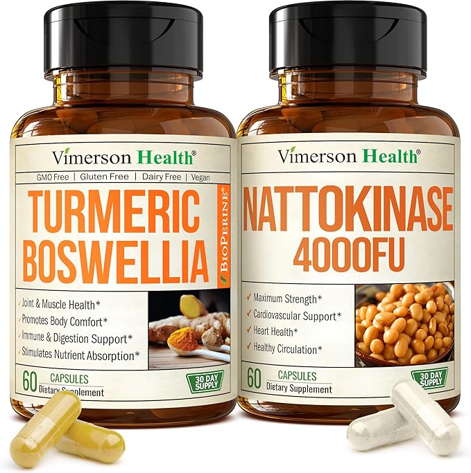 Boswellia Turmeric Curcumin Supplement + Nattokinase Supplement Bundle – Supports Joint &amp Heart Health Healthy Circulation &amp Smooth Flow – with Ginger Organic Turmeric Powder &amp Nattokina