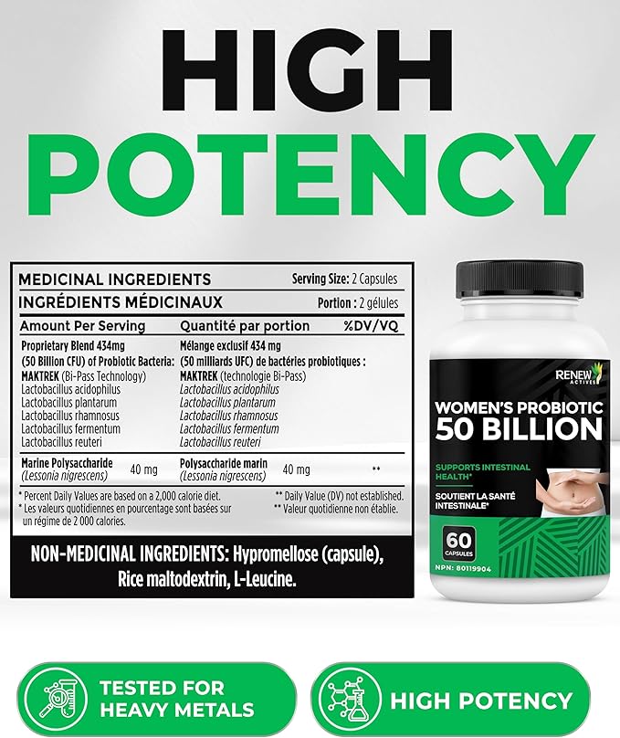 RENEW ACTIVES Probiotics for Women 50 Billion CFU per 2 Capsules – MAKTREK Technology 4 Probiotic Strains &amp Prebiotic Blend– Supports Digestion Health &amp Gut Flora Balance– Made in Canada– 60