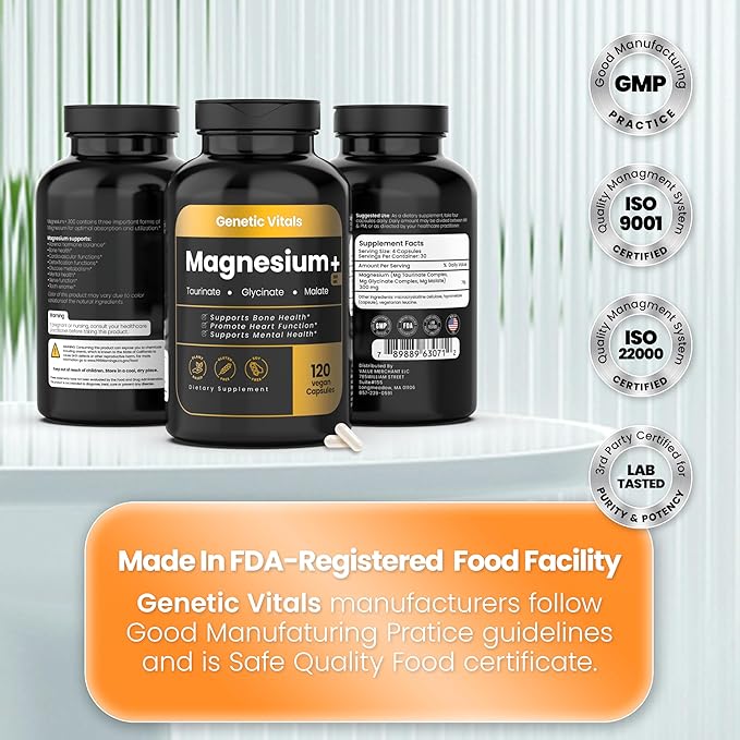 Triple Magnesium Complex 300mg - High Absorption Magnesium Glycinate Taurate &amp Malate - Gluten-Free &amp Vegan - 120 Capsules