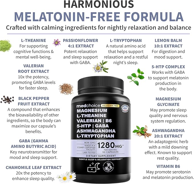 12-in-1 Sleep Support Capsules - Melatonin-Free Non-Habit Forming Sleep Supplement with a Balanced Blend of Magnesium Ashwagandha L-Tryptophan Valerian Root GABA 5-HTP (90 Capsules Pack of 2)