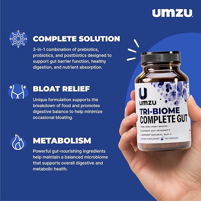 UMZU Tri-Biome Complete (30 Day Supply) – 3 in 1 Probiotic Prebiotic Postbiotic Capsules with Akkermansia and CoreBiome – Probiotic for Adults Gut Balance Stomach Probiotics and Complete Gut Health