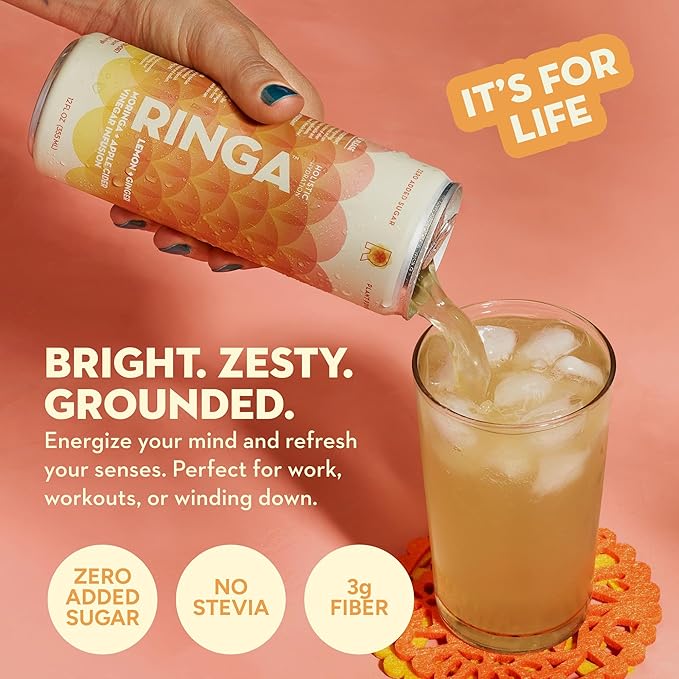 Ringa Sparkling Lemon Ginger Hydration 12 FZ Sparkling Drink – Organic Moringa + Apple Cider Vinegar with 3g Prebiotic Fiber – No Added Sugar Gut Health &amp Daily Hydration – 12oz Cans (LEMON GING