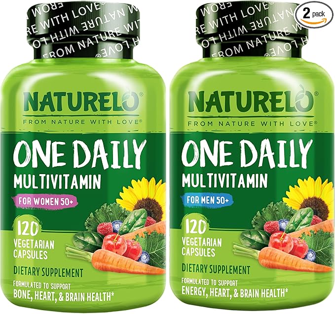 NATURELO One Daily Multivitamin for Men 50+ 120 Capsules One Daily Multivitamin for Women 50+ (Iron Free) 120 Capsules - 4 Month Supply Bundle