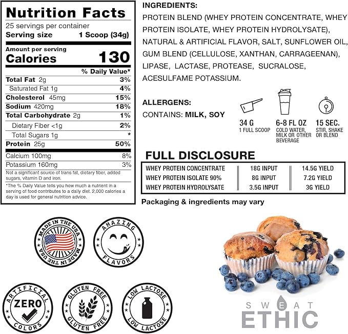 Sweat Ethic Whey'd Protein Powder 25 G Whey Protein Blend with Concentrate (30 Ounce Blue Berry Muffin)