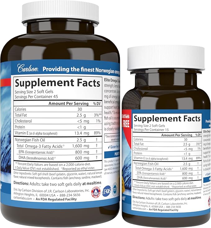 Carlson - Elite Omega-3 Gems1600 mg Omega-3 Fatty Acids Including EPA and DHANorwegian Wild-Caught fish oil SupplementSustainably Sourced Capsules Lemon 90+30 Softgels