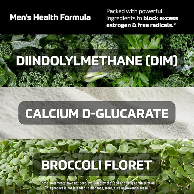 DIM Supplement for Men 300mg | Estrogen Blocker &amp Aromatase Inhibitor | Extra Strength Men’s Hormone Balance &amp Fitness Booster with Diindolylmethane Plus CDG &amp Broccoli Floret | Gluten-Fre