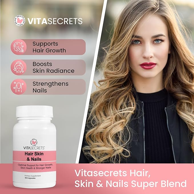 Vitasecrets Hair Skin &amp Nails Super Blend – 90 Capsules with Biotin Collagen and Hyaluronic Acid for Healthy Hair Glowing Skin and Stronger Nails – Non-GMO Gluten-Free Made in The USA