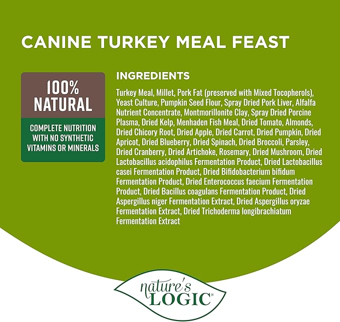 NATURE'S LOGIC Dry Dog Food - 100% Natural - No Synthetics - for All Ages Sizes Breeds - Free from Common Allergens High Protein - Turkey Meal Feast 4.4lbs