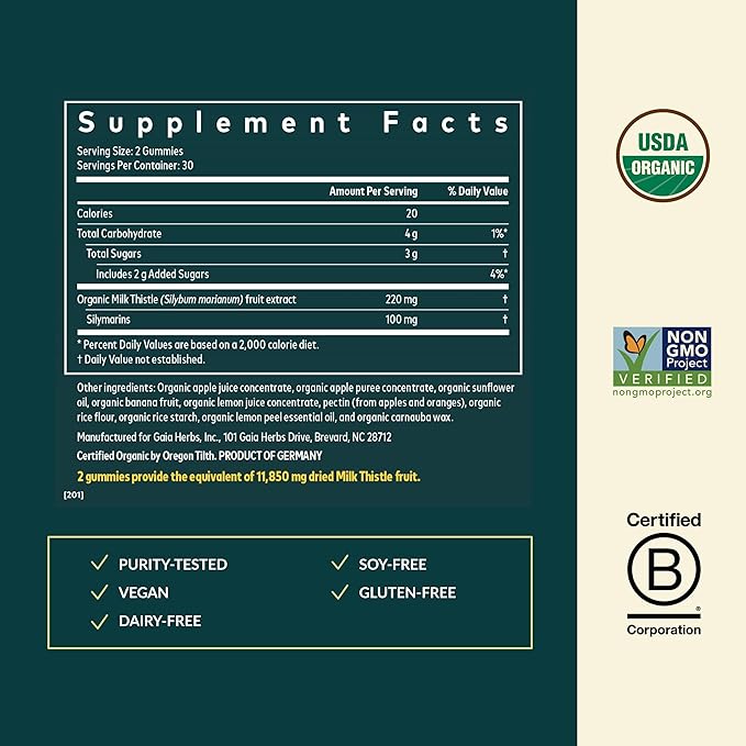 Gaia Herbs Milk Thistle Gummies - Herbal Supplement with Antioxidant Properties for Liver Health &amp Liver Detox - Lemon Flavored - 60 Vegan Gummies