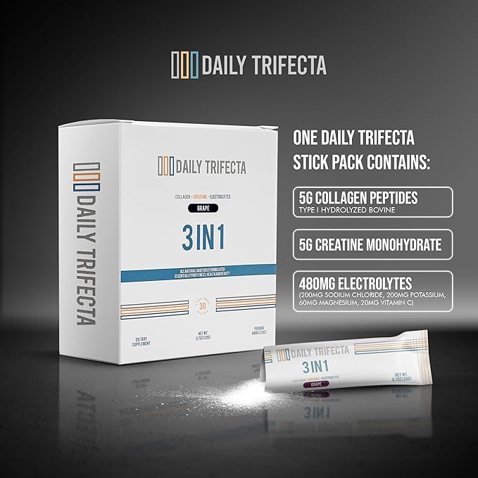 DAILY TRIFECTA 3-in-1 Collagen Creatine &amp Electrolyte Stick Packs | Type I Collagen Creatine Monohydrate Zero Sugar | 30 Natural Single-Serve Packets | Strength Hydration &amp Recovery (Mango