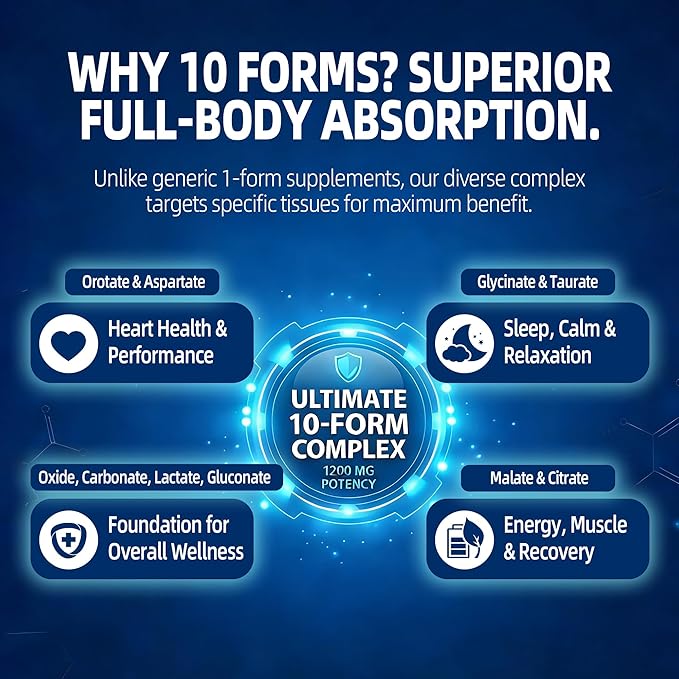 Magnesium Complex Supplement with 10 Forms of Elemental Magnesium 1200 mg per Serving Magnesium Glycinate Citrate Malate &amp Taurate High Absorption Vegan Capsules Non-GMO