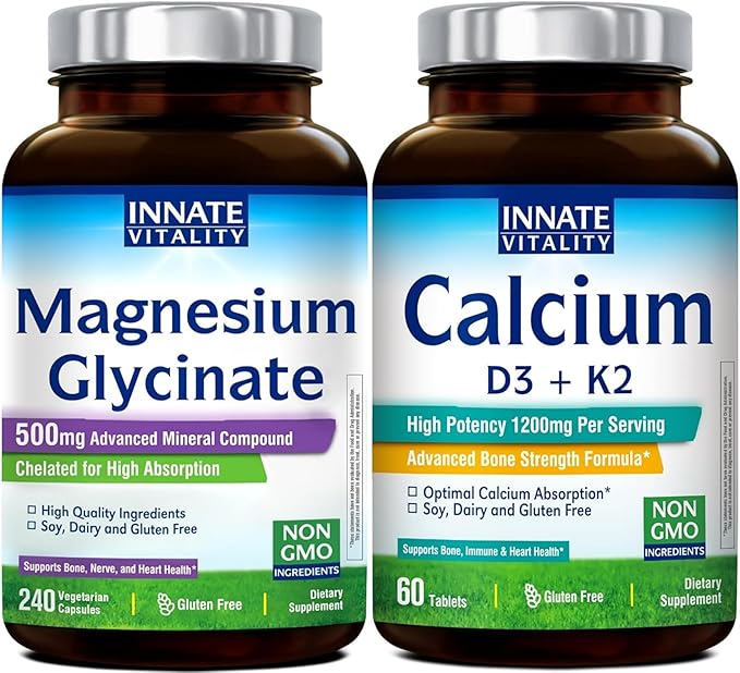 Innate Vitality Calcium 1200mg with D3 &amp K2 + Magnesium Glycinate 500mg Bundle | High Absorption Mineral Complex for Bone Density Circulatory Wellness &amp Nerve Function | Non-GMO Vegan Friend