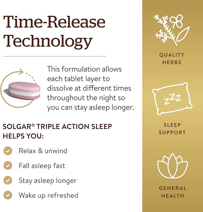 Solgar Triple Action Sleep 60 Tri-Layer Tablets - Time-Release Melatonin &amp L-Theanine Plus Herbal Blend - Helps You Relax Fall Asleep Fast &amp Stay Asleep Longer - Non-GMO Gluten Free - 60 Se