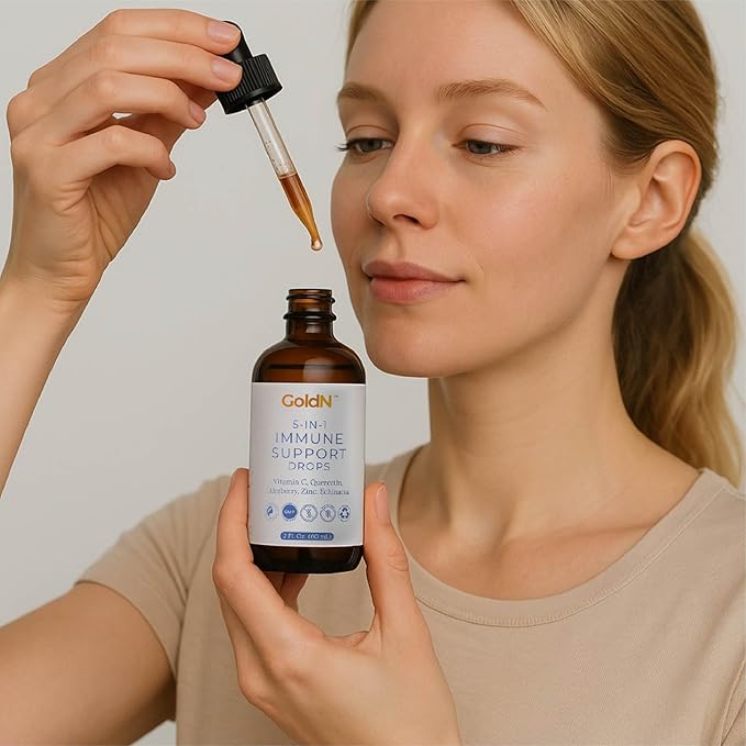 GoldN™ 5-in-1 Immune Support Drops | Vitamin C Quercetin Elderberry Zinc Echinacea | No Artificial Ingredients | Non-GMO Gluten-Free | 2oz (60ml) | 1-Month Supply