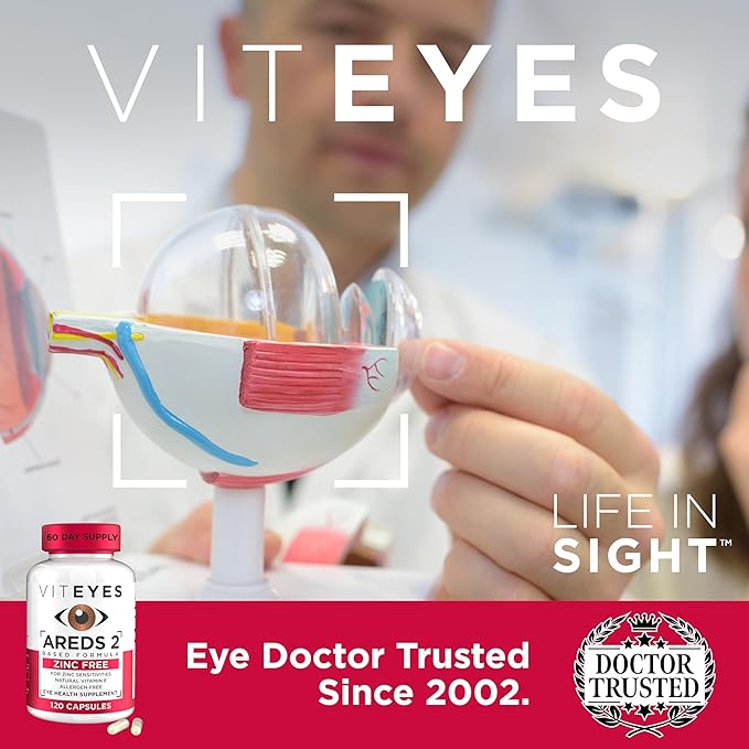 Viteyes AREDS 2 Zinc Free Macular Support Natural Allergen Free Capsules with Vitamin E Vitamin C Lutein &amp Zeaxanthin No Zinc No Copper Eye Doctor Trusted Manufactured in The USA 120 Ct