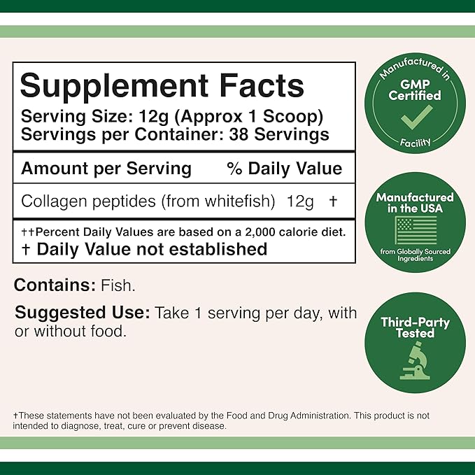 Double Wood Supplements Marine Collagen Powder (1 LB / 16 OZ of Quick Dissolve Marine Collagen Peptides) Wildcaught Unflavored Micronized - Scoop Included No Fillers (38 Servings of 12 Grams Each)