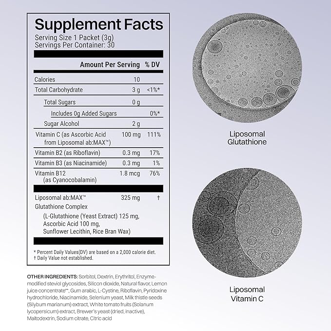 Liposomal Glutathione Powder 125 mg L-Glutathione + 100 mg Vitamin C Sugar-Free Lemon Packets Antioxidant Support for Skin Beauty &amp Detox Support 30 Count (Packaging May Vary)