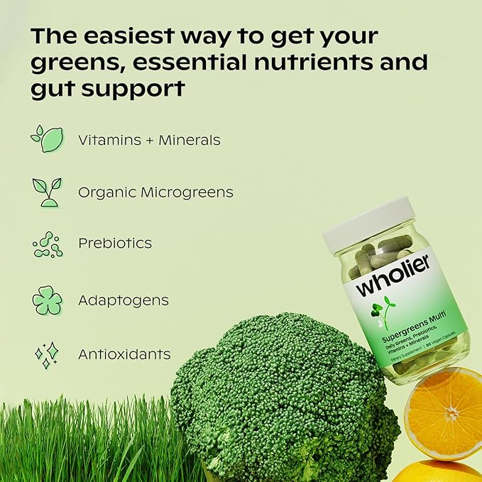 wholier Supergreens Multi Daily Greens Vegan Multivitamin for Women + Men Whole Food Vitamins + Minerals Prebiotics for Gut Health Adaptogens (60 Vegan Capsules) Glass Bottle