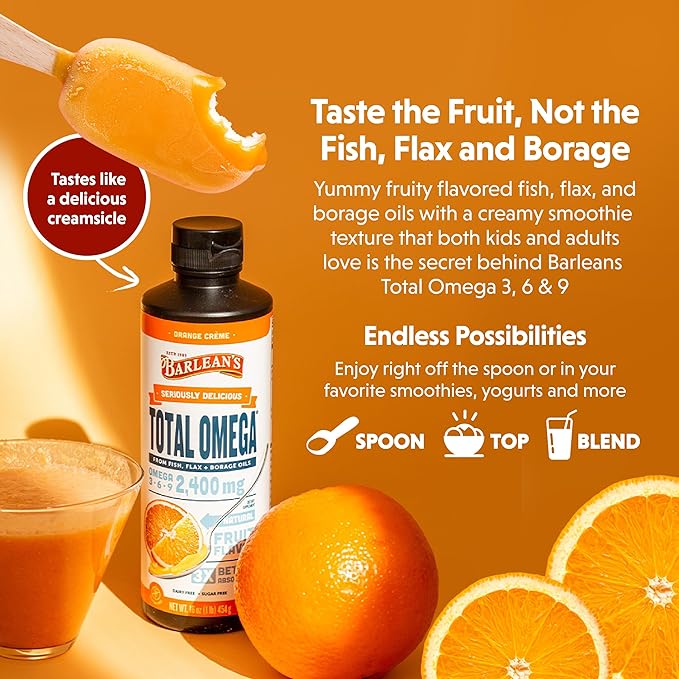 Barlean's Total Omega 3 6 9 Liquid Fish Oil Supplement with Borage and Flaxseed Oil Orange Crème 2400 mg of EPA DHA and GLA Fatty Acids 16 oz