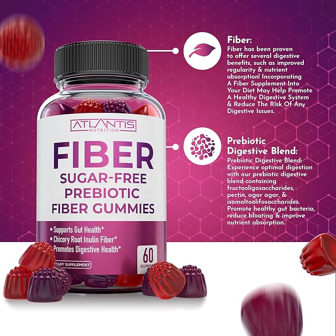 Atlantis Nutrition Sugar Free Fiber Gummies for Adults - 5G Fiber Supplement Formulated with 5.4G Prebiotic Digestive Blend - Supports Gut Health &amp Promotes Healthy Digestion - 2-Pack 120 Gummies