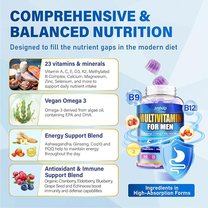 Mens Multivitamins Gummies with Methylated Vitamins - Vegan Omega-3 CoQ10 Vitamin A C D3 K2 B12 Calcium Zinc Grape Seed Support Energy &amp Antioxidant - Multivitamin for Men Gummies Sugar-Free