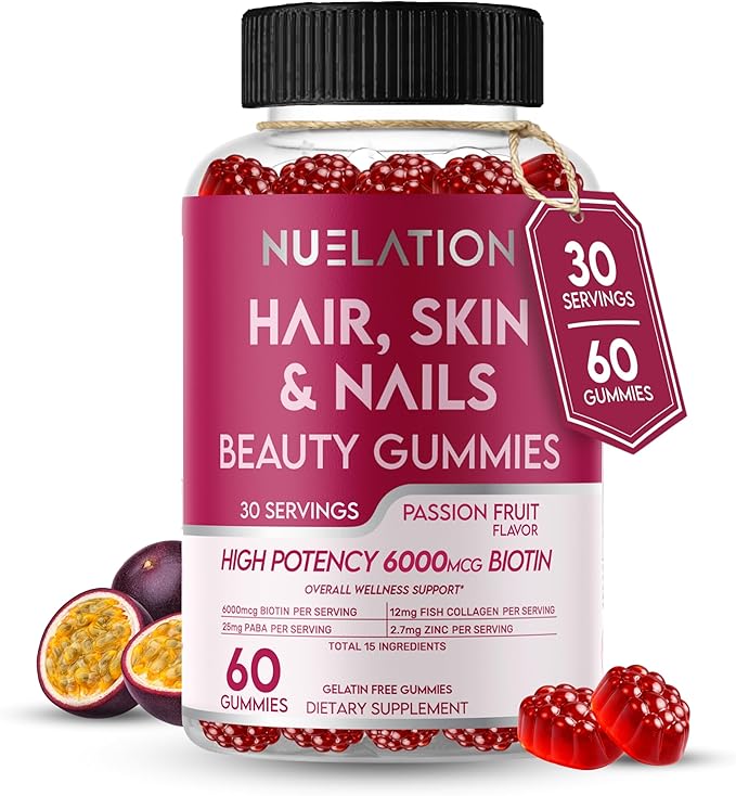 Hair Skin and Nails Gummies with Biotin (6000mcg) Collagen &amp PABA - Hair Skin and Nails Vitamins for Women and Men - Supports Hair Growth Stronger Nails Healthy Skin - 30 Servings