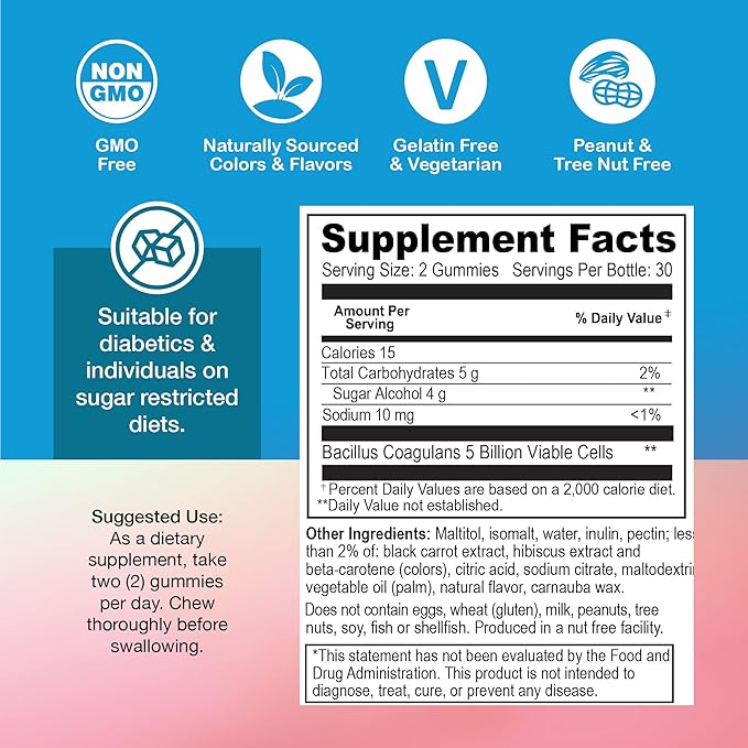YUM-V'S Sugar Free Probiotic Gummies - Probiotics for Men &amp Women to Help Support Digestive Function – Adults &amp Kids Probiotic with 5 Billion CFU Bacillus Coagulans – Vegan &amp Gluten-Free (