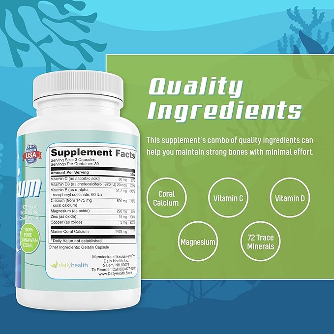 Daily Health - Pure Okinawa Coral Calcium - Marine-Grade Supplement with 72 Trace Minerals - 1475mg 270 Vegetable Capsules (3 Month Supply)