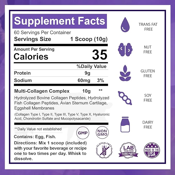 Zammex Multi Collagen Protein Powder 5 Types of Hydrolyzed Collagen Peptides Premium Grass-Fed Beef Chicken Wild Fish Eggshell Keto &amp Paleo Friendly 60 Servings Unflavored