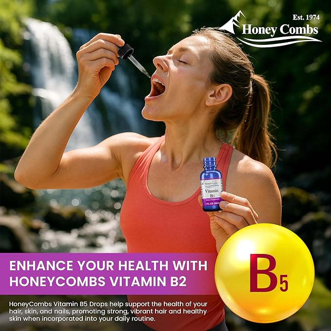 HoneyCombs Vitamin B5 Pantothenic Acid Supplement Liquid Drops - High Potency Vitamin B5 for Men &amp Women - Maintain Healthy Hormones Immune System Hair Skin Nail - Vegan Liquid Vitamins (16 Fl