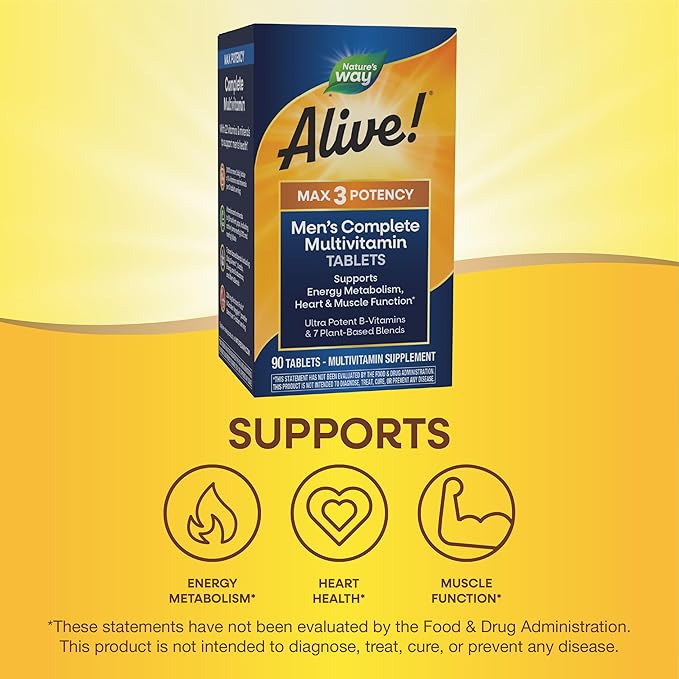 Nature’s Way Alive! Men’s Max3 Potency Multivitamins Supports Energy Metabolism* Heart &amp Muscle Function* with Methylated B12 and Folate Gluten-Free 90 Tablets